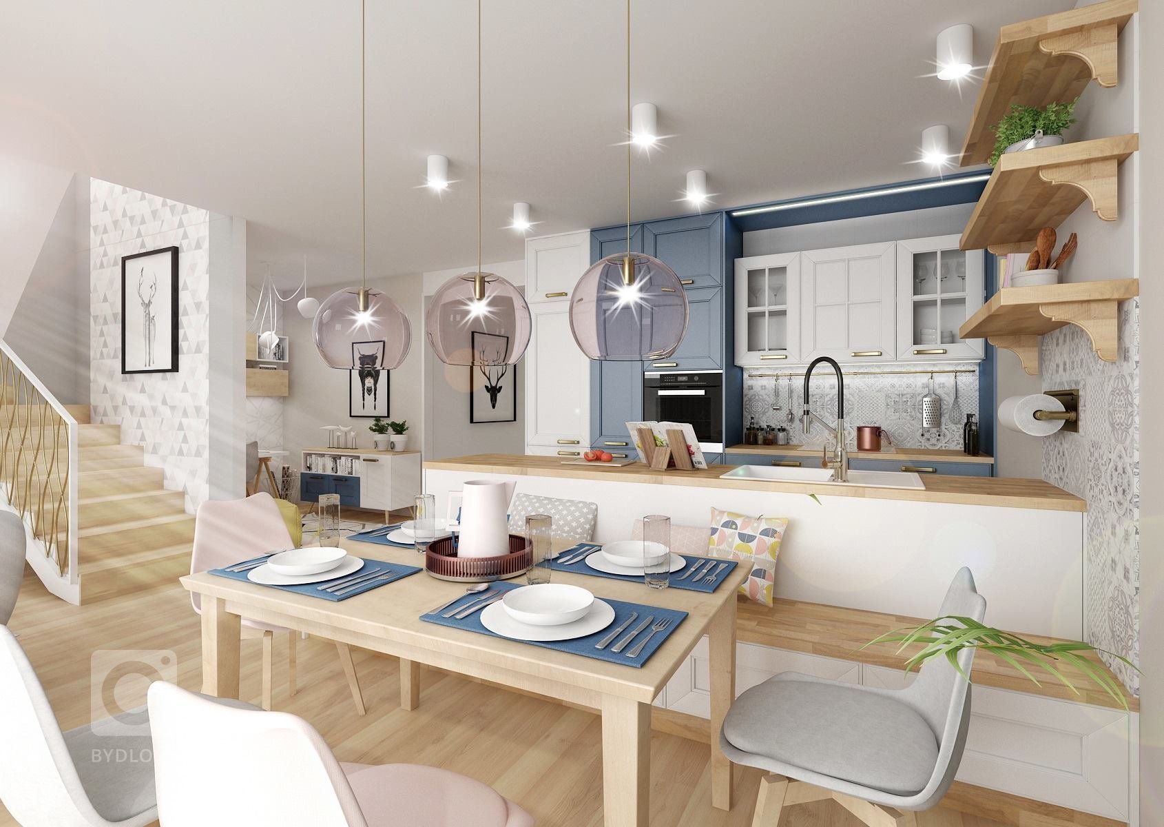 Dvě varianty návrhu kuchyně s&nbsp;retro kazetovými dvířky ve svěžím provedení modré, bílé a pracovních ploch z&nbsp;dubové spárovky. Na stěny u pracovních…