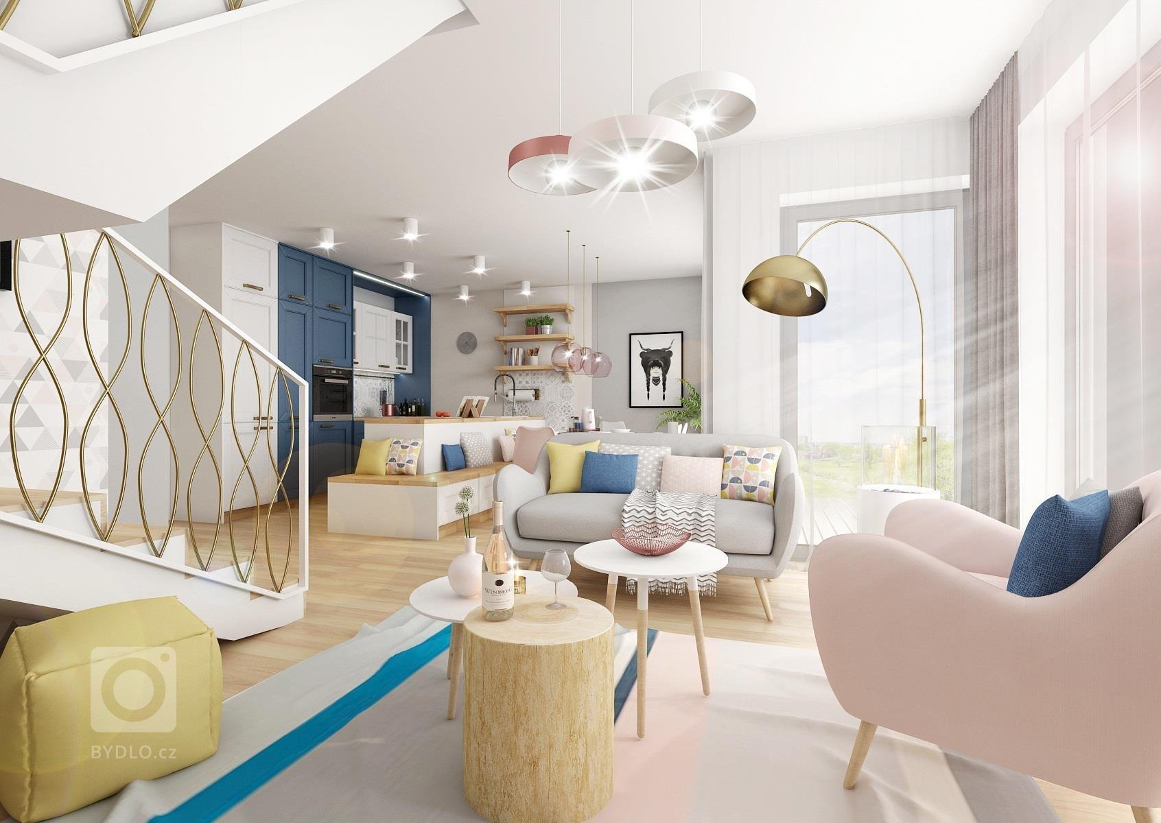 Dvě varianty návrhu kuchyně s&nbsp;retro kazetovými dvířky ve svěžím provedení modré, bílé a pracovních ploch z&nbsp;dubové spárovky. Na stěny u pracovních…