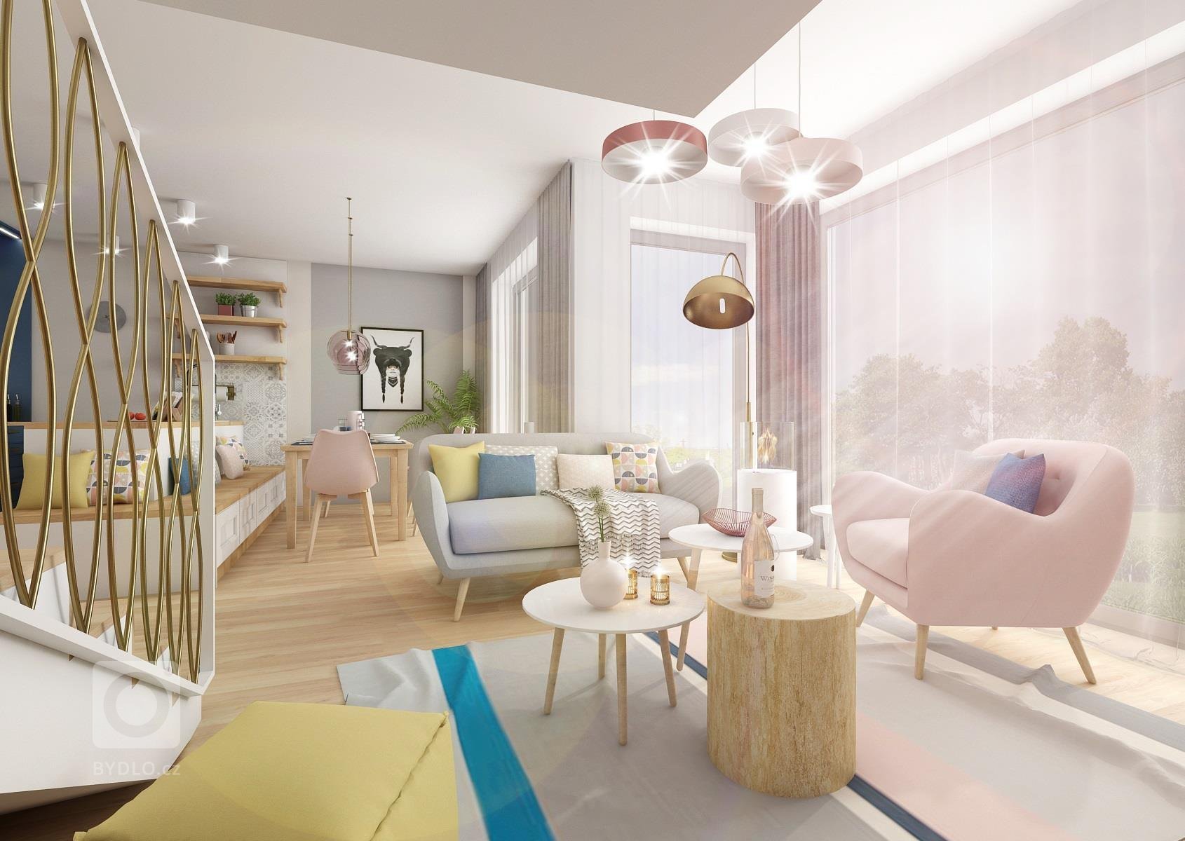 Dvě varianty návrhu kuchyně s&nbsp;retro kazetovými dvířky ve svěžím provedení modré, bílé a pracovních ploch z&nbsp;dubové spárovky. Na stěny u pracovních…