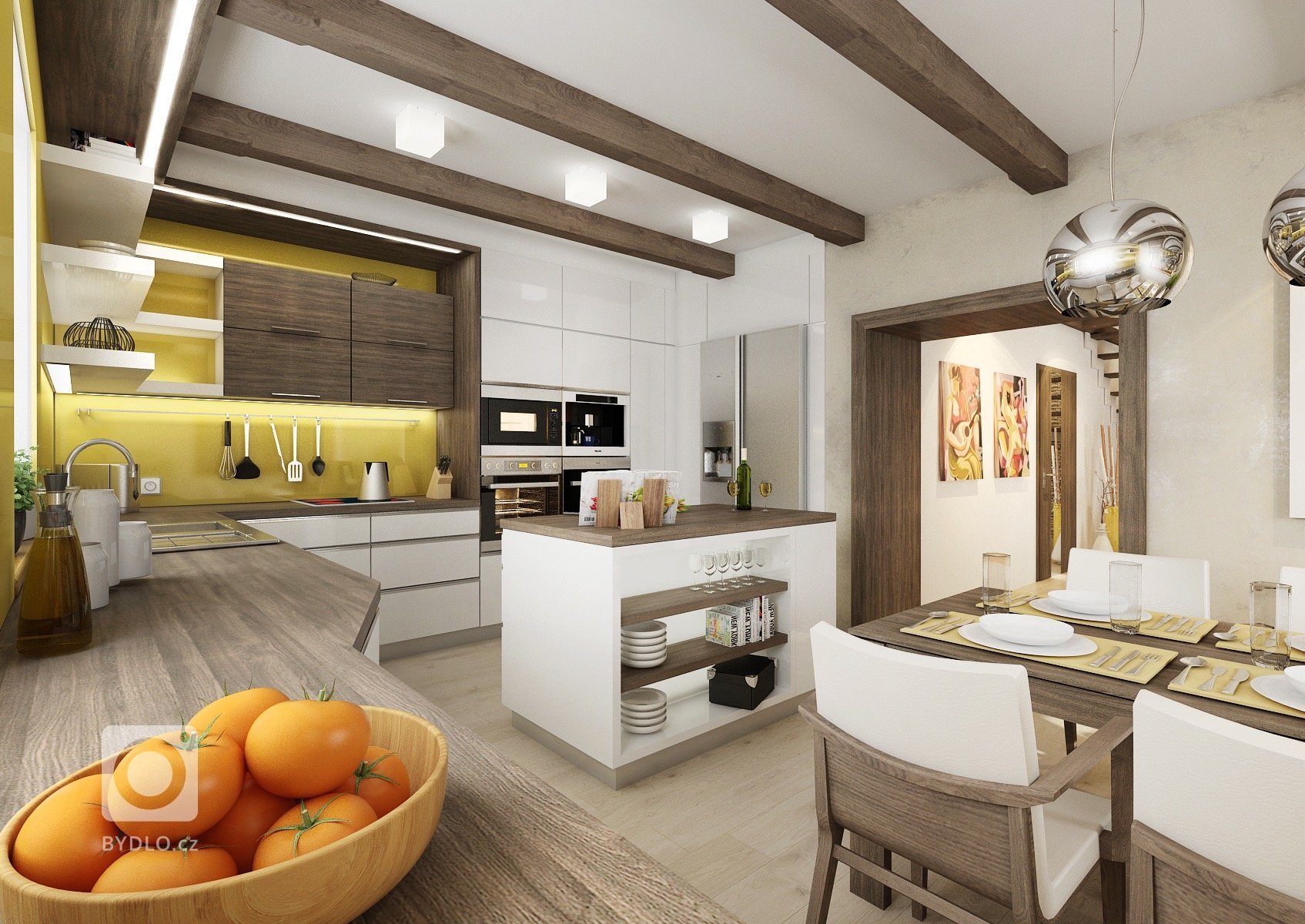 Přiznané trámy na stropě v&nbsp;tmavě mořeném dřevodekoru, který se opakuje i na nábytku v kuchyni. Většina dvířek kuchyně je v&nbsp;bílém lesku. Obklad za…