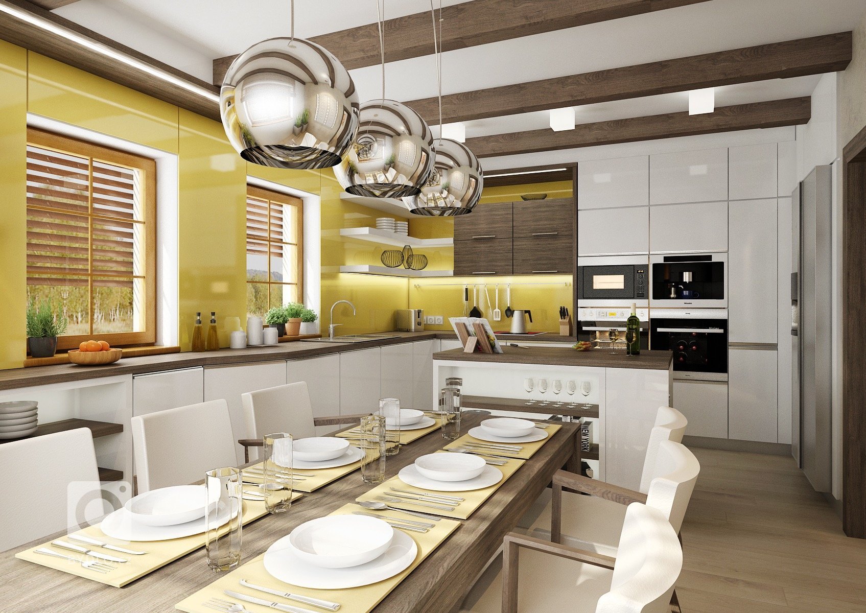 Přiznané trámy na stropě v&nbsp;tmavě mořeném dřevodekoru, který se opakuje i na nábytku v kuchyni. Většina dvířek kuchyně je v&nbsp;bílém lesku. Obklad za…