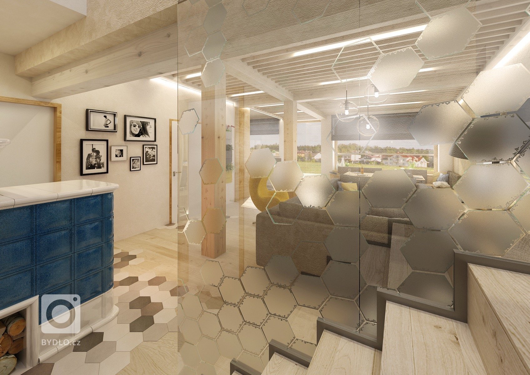 Návrh interiéru nízkoenergetické dřevostavby, kde jsou například stěny upraveny hliněnými omítkami, přiznané stropní smrkové trámy a k&nbsp;vytápění slouží…