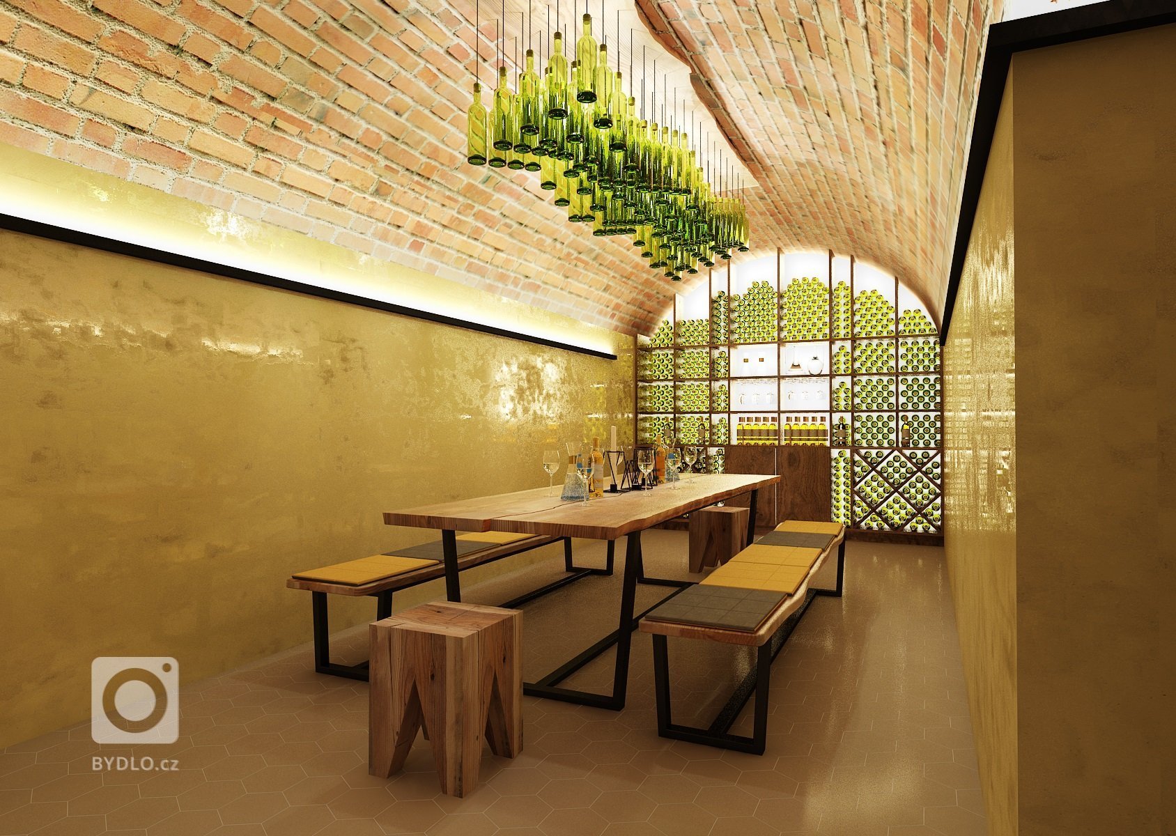 Pro změnu tu máme netradičně návrh interiéru domácího vinného sklepa ve dvou variantách. V každé z nich hrají hlavní roli jak jinak než vinné lahve s LED nasvícením, cihlová klenba a dubové masivní dřevo. V jedné z variant je použit místo odkrytých cihel na zdech benátský štuk.