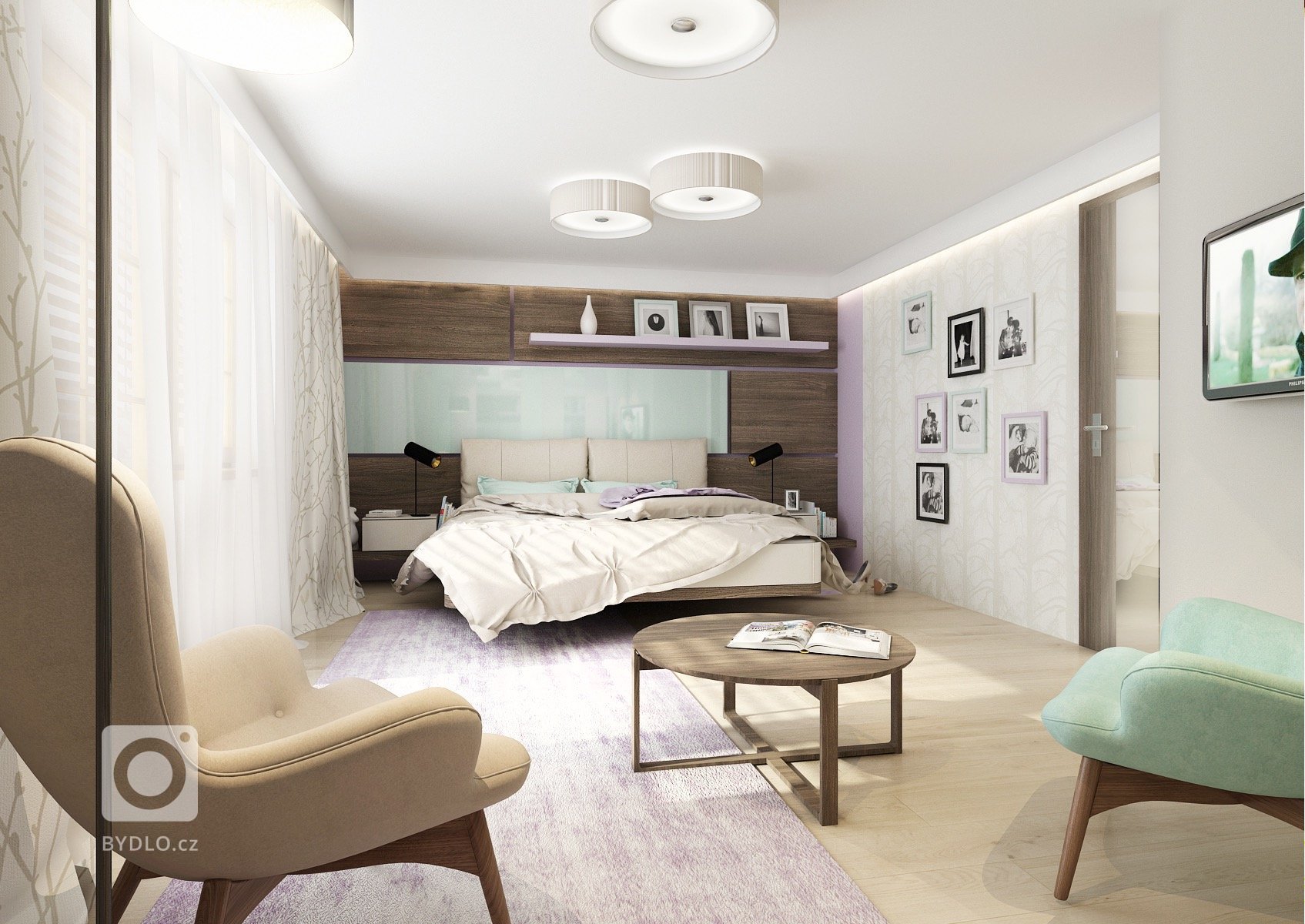 Uklidňující levandulové a mintové pastelové barvy spolu s&nbsp;béžovou a tmavě hnědou dřevodekoru wenge vytvářejí příjemnou atmosféru pro manželskou ložnici.…