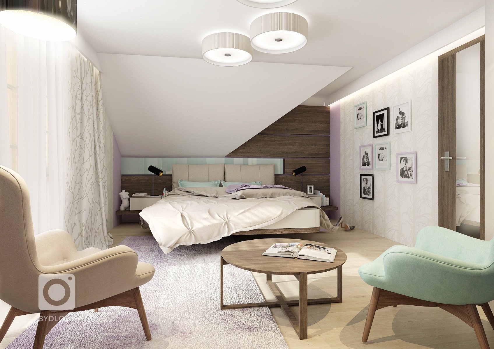 Uklidňující levandulové a mintové pastelové barvy spolu s&nbsp;béžovou a tmavě hnědou dřevodekoru wenge vytvářejí příjemnou atmosféru pro manželskou ložnici.…