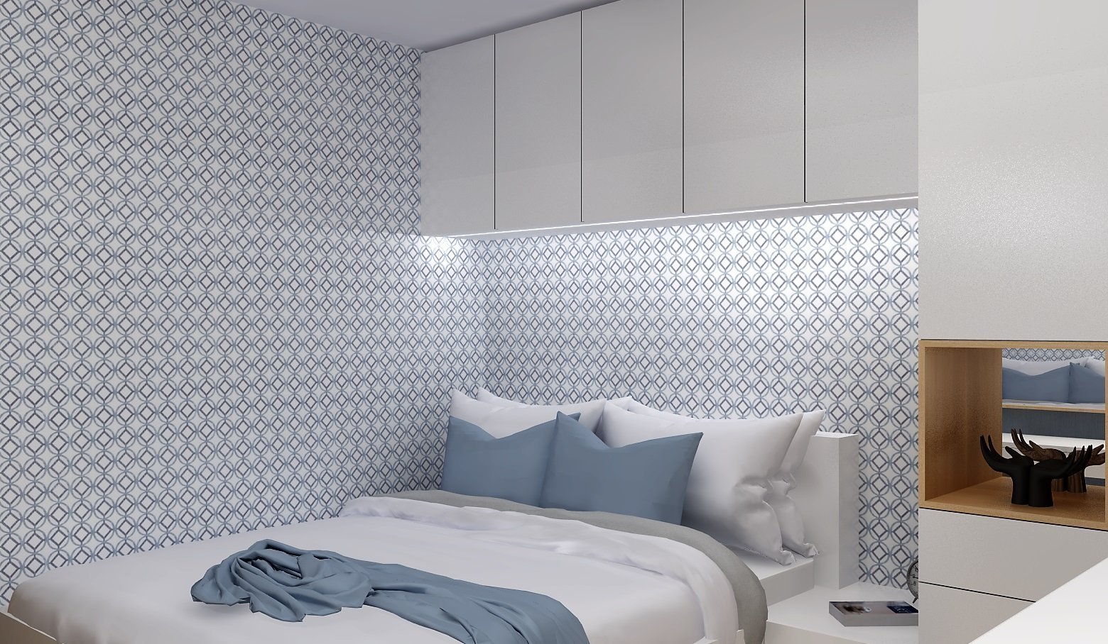 Odstíny modré v kombinaci s bílým laminem a světlým dřevodekorem vytváří příjemné prostředí pro odpočinek. V nejmenší místnosti bytu vznikl návrh plnohodnotné…