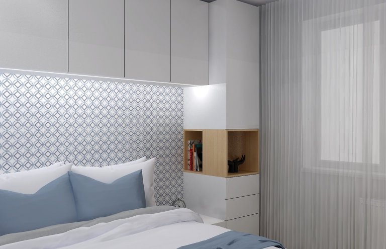 Odstíny modré v kombinaci s bílým laminem a světlým dřevodekorem vytváří příjemné prostředí pro odpočinek. V nejmenší místnosti bytu vznikl návrh plnohodnotné…