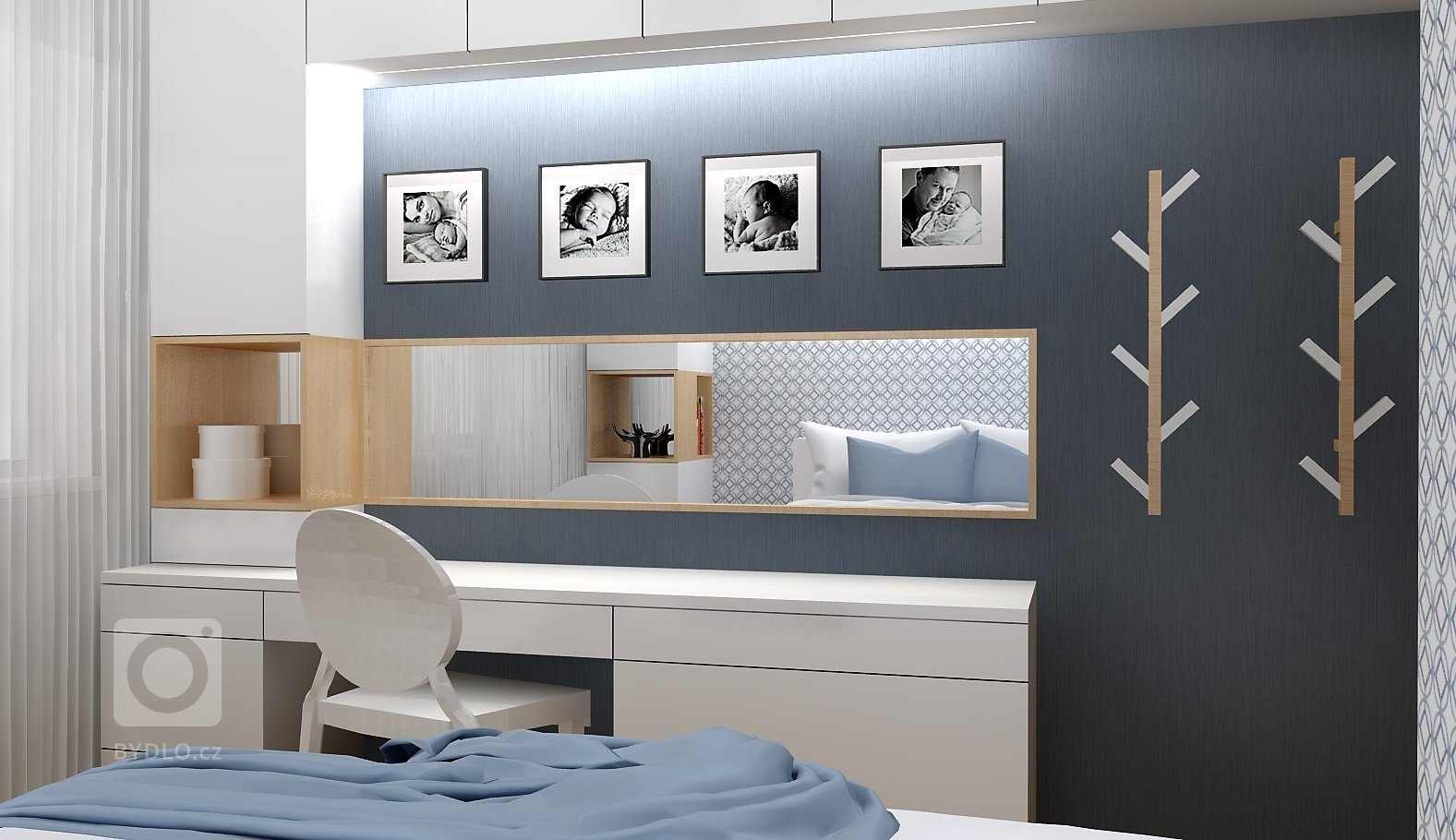 Odstíny modré v kombinaci s bílým laminem a světlým dřevodekorem vytváří příjemné prostředí pro odpočinek. V nejmenší místnosti bytu vznikl návrh plnohodnotné…