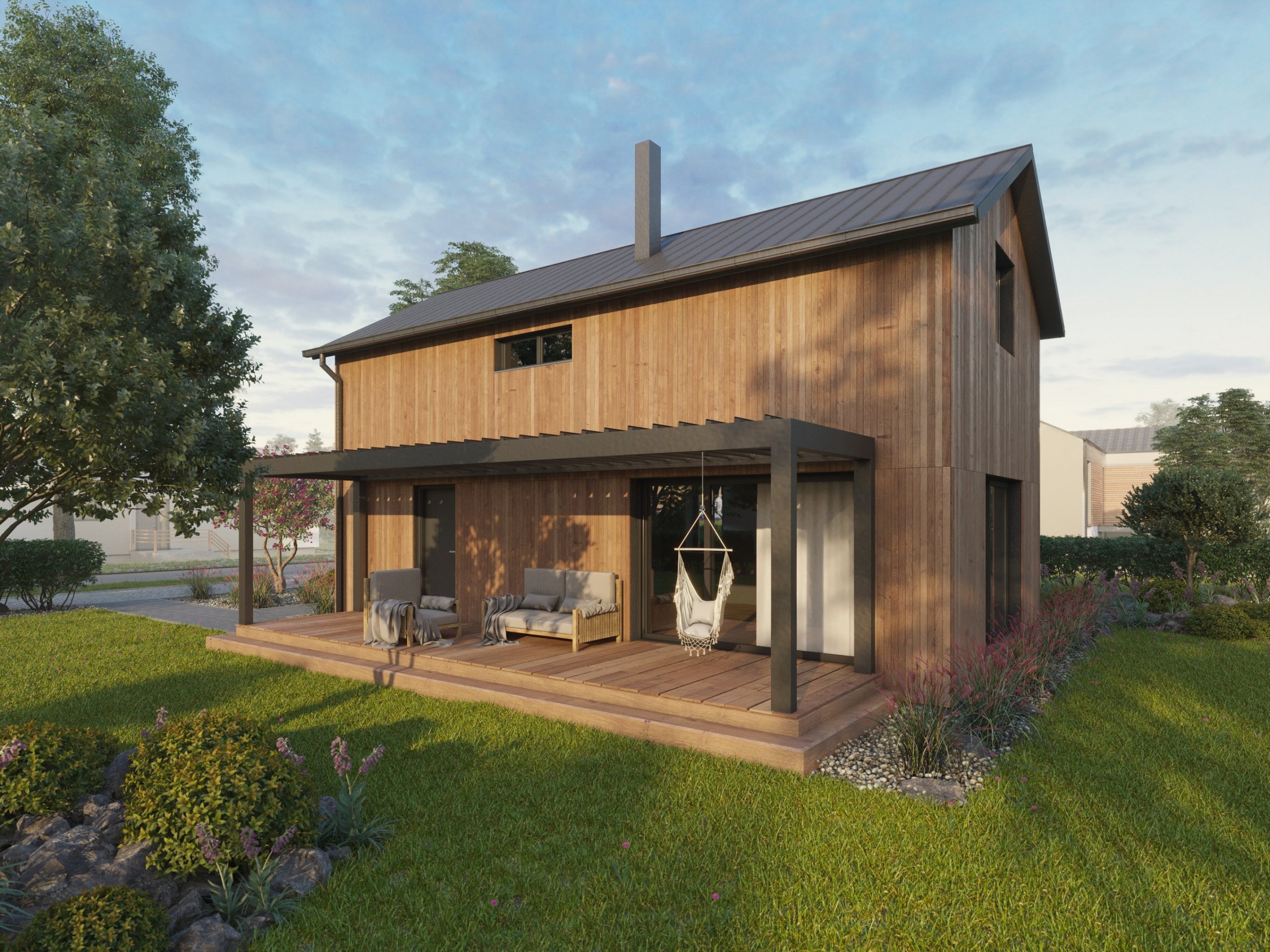 Menší patrová dřevostavba je efektivním řešením menšího pozemku a přesto větší užitné plochy. Přízemí i horní patro mají svoji koupenu. V patře se nachází…