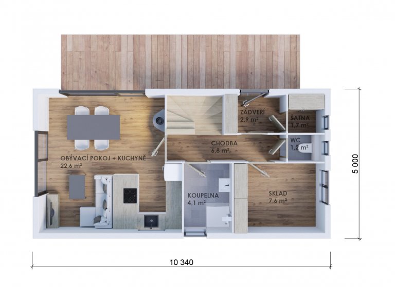 Menší patrová dřevostavba je efektivním řešením menšího pozemku a přesto větší užitné plochy. Přízemí i horní patro mají svoji koupenu. V patře se nachází…