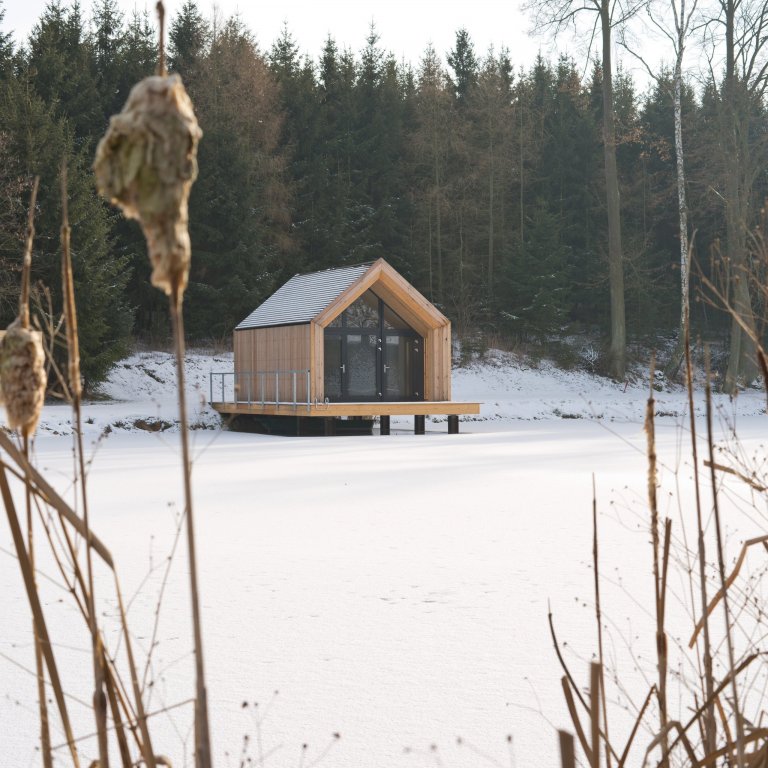 Inspirováná tradičními rybářskými boudami na břehu rybníka, zasazeného v&nbsp;malebné krajině&nbsp;Vysočiny
