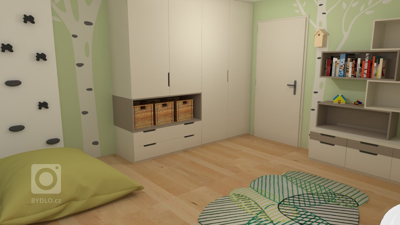 Návrh interiéru dětského pokoje&nbsp;pro jednoho malého skřítka, který má rád stromy a les :-)&nbsp;S velkou domečkovou postelí, s místem na učení i hraní.
