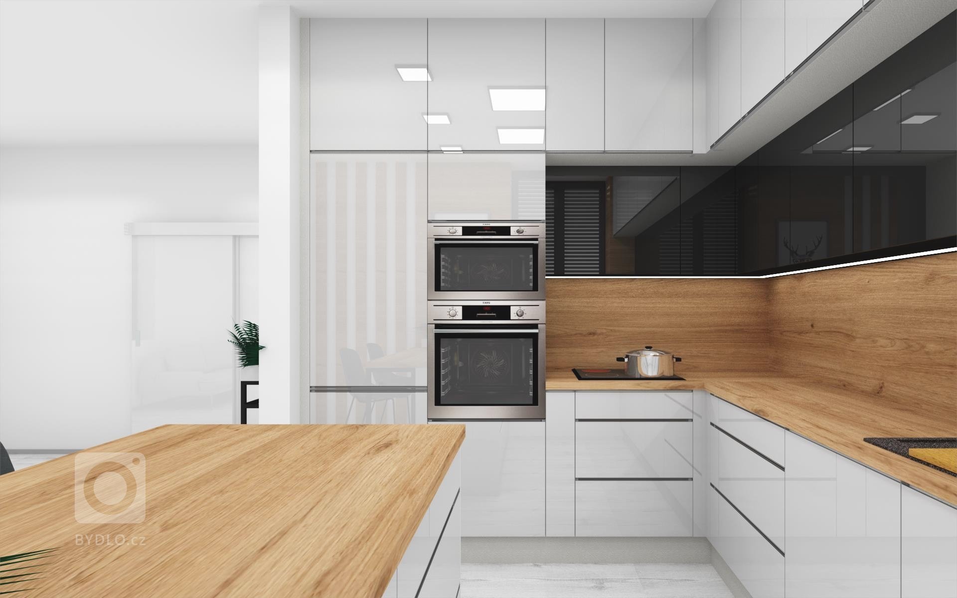 Ukázka zpracované vizualizace v moderním barevném provedení šedá/antracit/dub zlatý doplněná o barové židle HANÁK &ndash; Megan.
