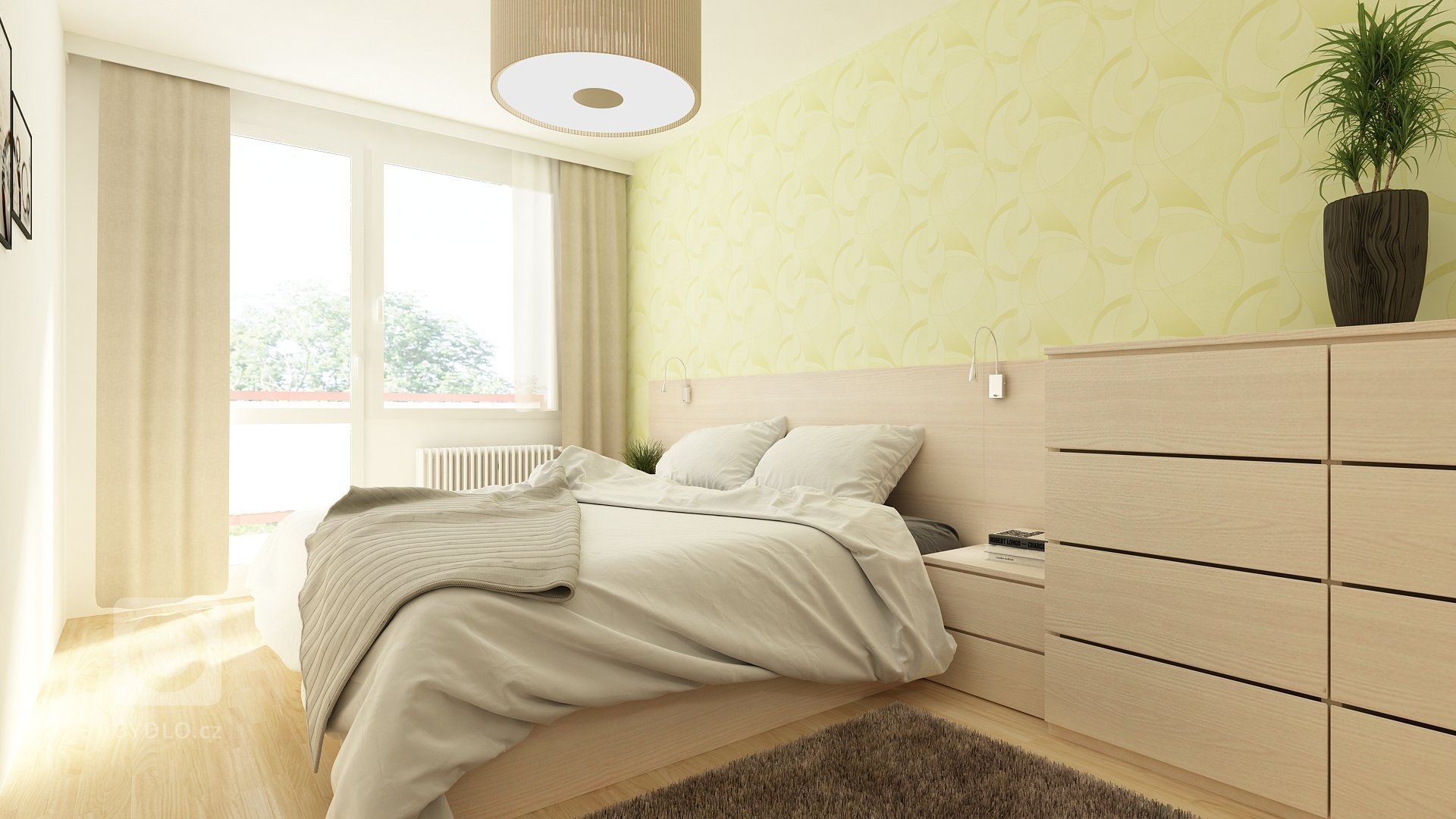 Jednoduchá moderní ložnice s šatnou.