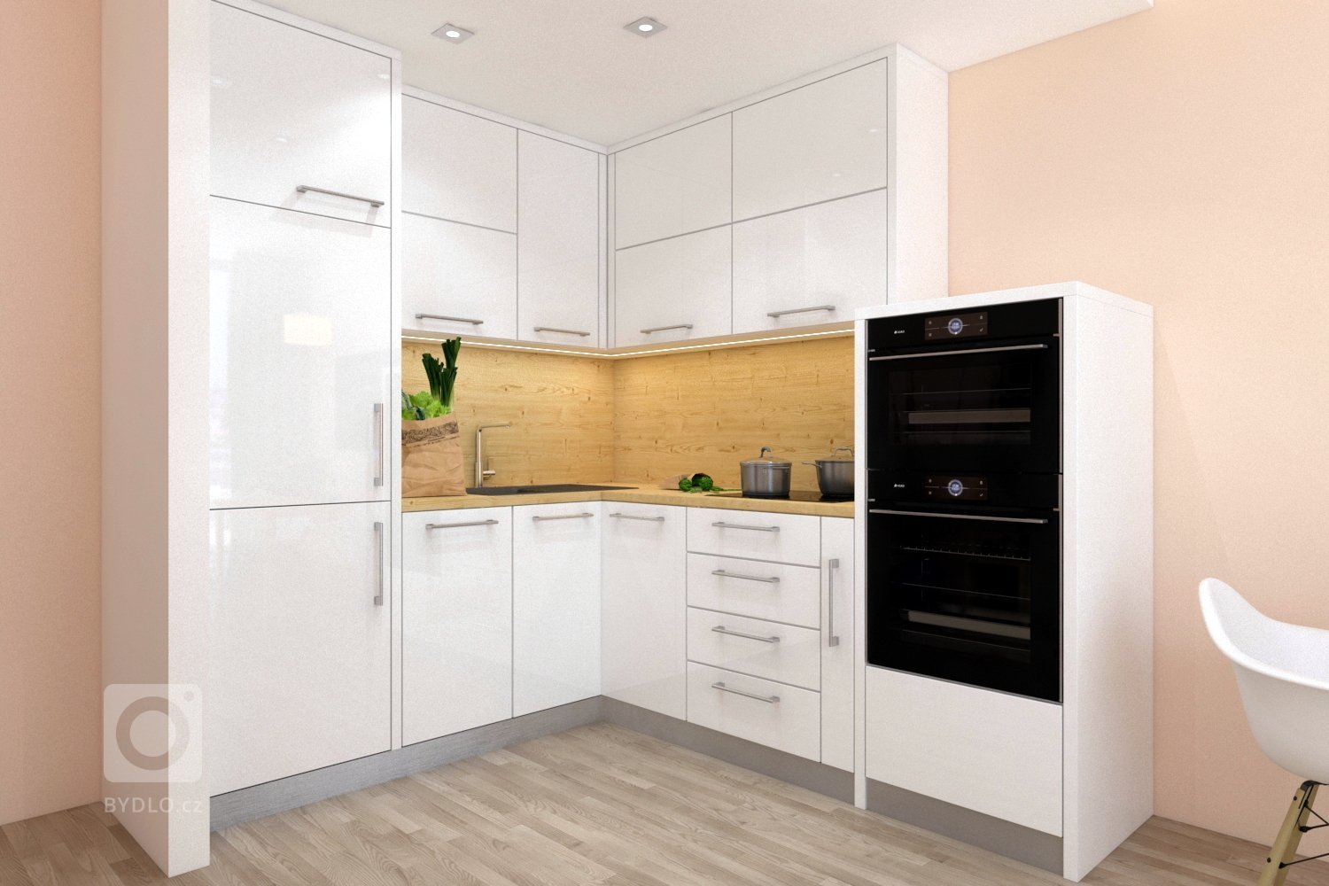 Kuchyně je vyrobena z materiálu lamino (LTD) v dekoru dřeva bílý lesk. Disponuje různými otvíracími systémy, vestavěnými spotřebiči a je uspořádaná do "L". Na malém prostoru a ve stylovém designu budete mít vše na dosah ruky.