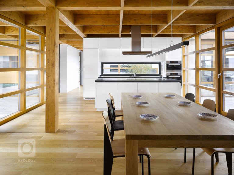 Dřevostavba jednopodlažního rodinného domu umístěného do mírně svažitého pozemku v Tehově u Prahy. Hlavním prvkem domu tvoří centrální vodní plocha osazena…