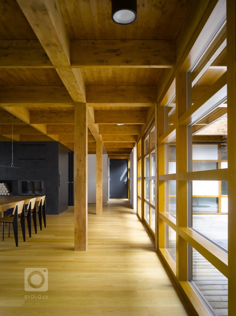 Dřevostavba jednopodlažního rodinného domu umístěného do mírně svažitého pozemku v Tehově u Prahy. Hlavním prvkem domu tvoří centrální vodní plocha osazena…