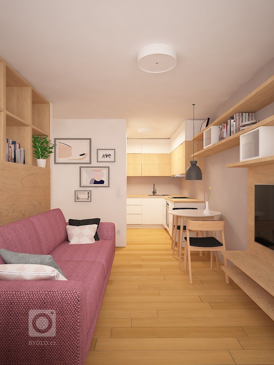 Rekonstrukce panelového bytu v Praze. Ze stávající díspozice 1+KK jsme přidáním ložnice vytvořili 2+KK. Obývací pokoj je ve výsledku malý, ale pro 1-2 osoby…