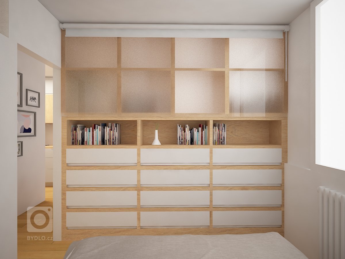 Rekonstrukce panelového bytu v Praze. Ze stávající díspozice 1+KK jsme přidáním ložnice vytvořili 2+KK. Obývací pokoj je ve výsledku malý, ale pro 1-2 osoby…