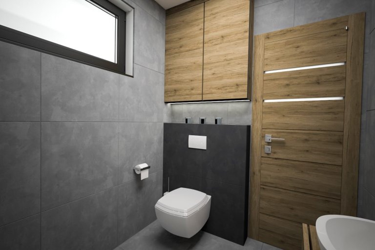 Stuedie interiéru dřevostavby v nehynoucí kombinaci - dřevodekor, beton, bílá. Pokojíčky pro mladé slečny jsou ovšem v jemnějších barevných tónech.
