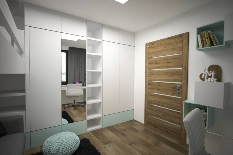 Stuedie interiéru dřevostavby v nehynoucí kombinaci - dřevodekor, beton, bílá. Pokojíčky pro mladé slečny jsou ovšem v jemnějších barevných tónech.
