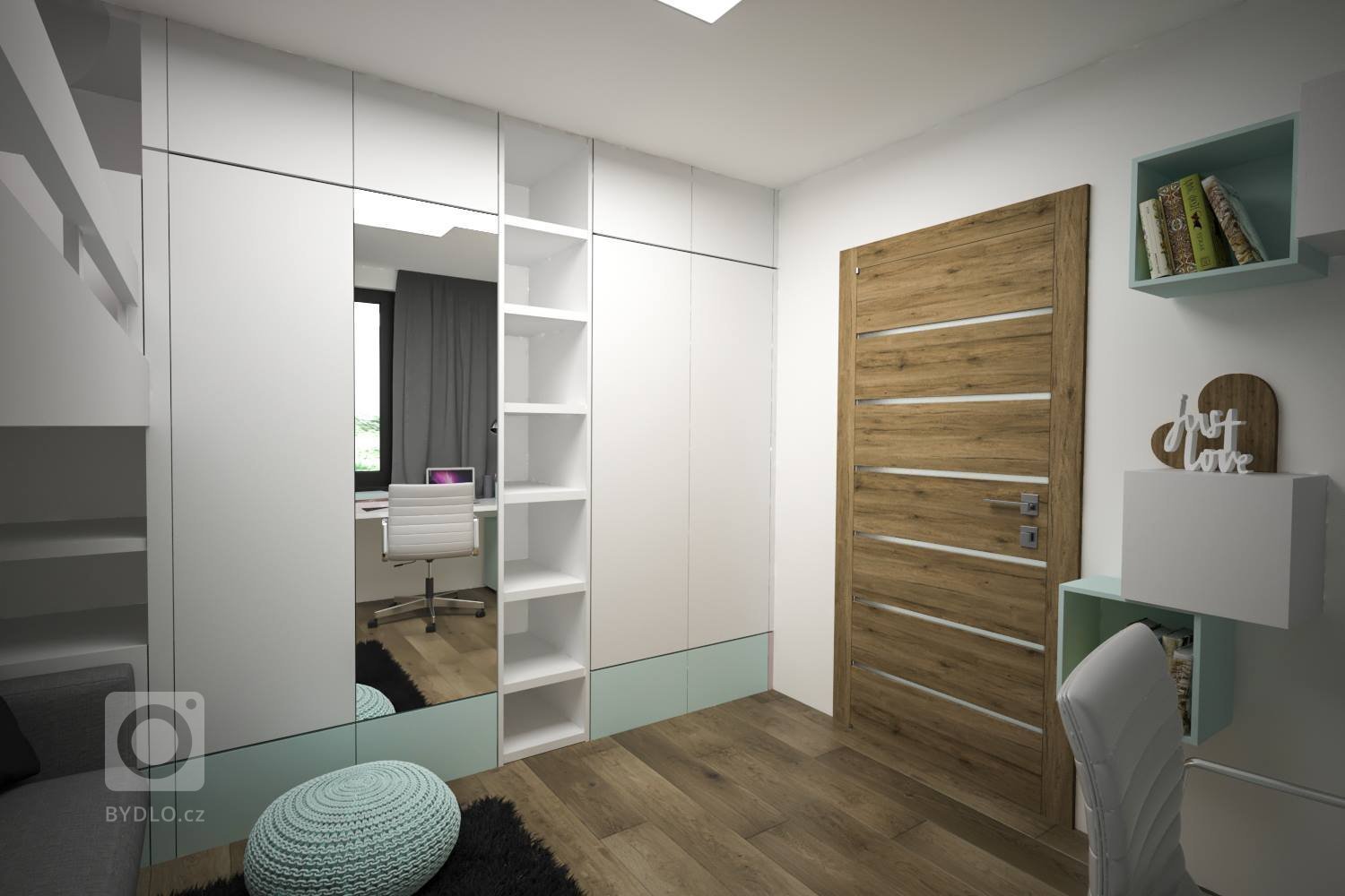 Stuedie interiéru dřevostavby v nehynoucí kombinaci - dřevodekor, beton, bílá. Pokojíčky pro mladé slečny jsou ovšem v jemnějších barevných tónech.
