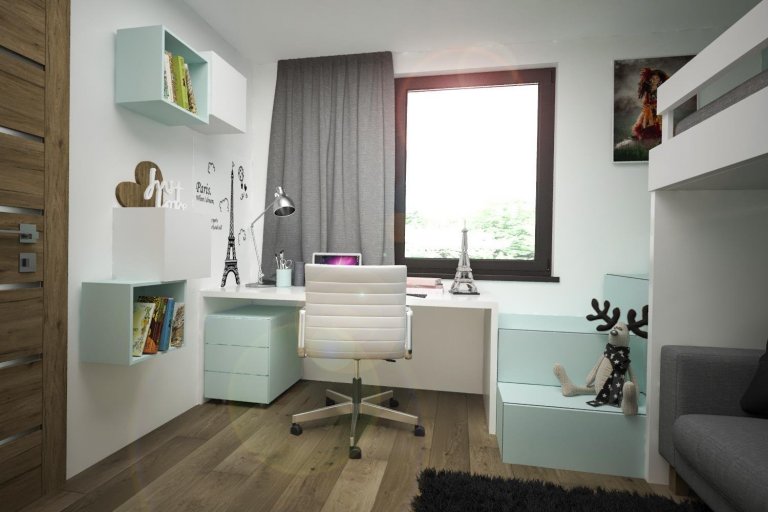 Stuedie interiéru dřevostavby v nehynoucí kombinaci - dřevodekor, beton, bílá. Pokojíčky pro mladé slečny jsou ovšem v jemnějších barevných tónech.
