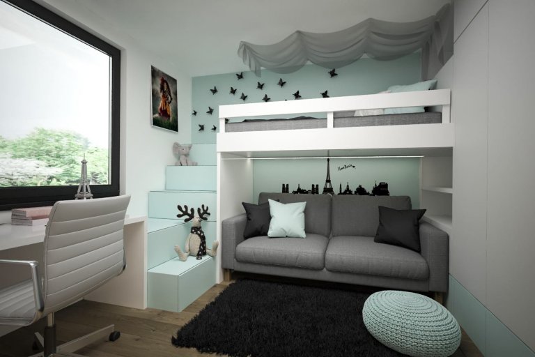 Stuedie interiéru dřevostavby v nehynoucí kombinaci - dřevodekor, beton, bílá. Pokojíčky pro mladé slečny jsou ovšem v jemnějších barevných tónech.
