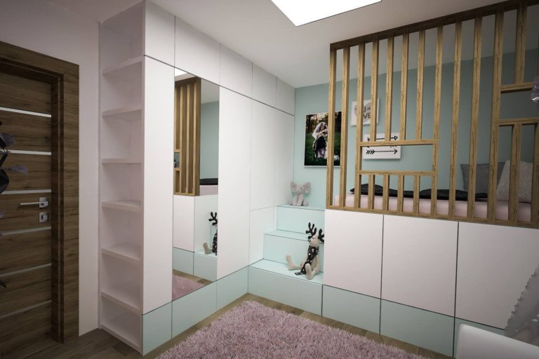 Stuedie interiéru dřevostavby v nehynoucí kombinaci - dřevodekor, beton, bílá. Pokojíčky pro mladé slečny jsou ovšem v jemnějších barevných tónech.
