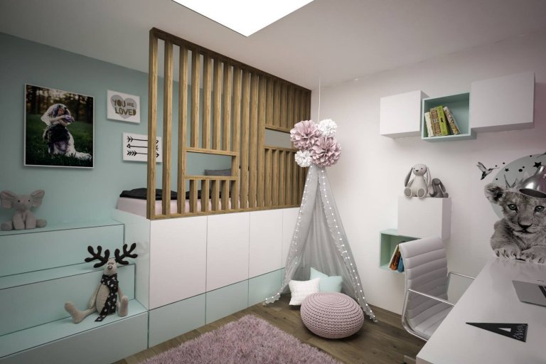 Stuedie interiéru dřevostavby v nehynoucí kombinaci - dřevodekor, beton, bílá. Pokojíčky pro mladé slečny jsou ovšem v jemnějších barevných tónech.
