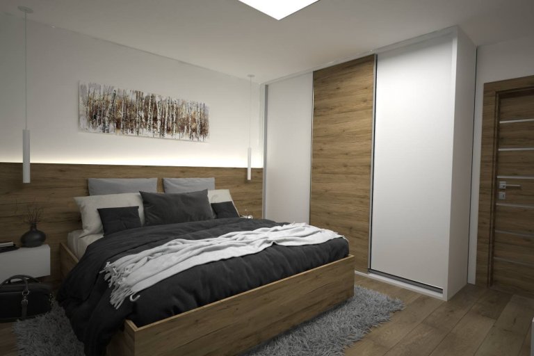 Stuedie interiéru dřevostavby v nehynoucí kombinaci - dřevodekor, beton, bílá. Pokojíčky pro mladé slečny jsou ovšem v jemnějších barevných tónech.
