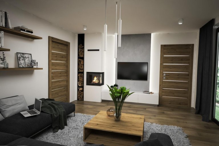 Stuedie interiéru dřevostavby v nehynoucí kombinaci - dřevodekor, beton, bílá. Pokojíčky pro mladé slečny jsou ovšem v jemnějších barevných tónech.
