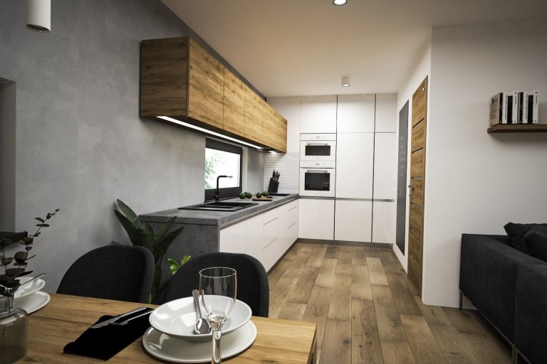 Stuedie interiéru dřevostavby v nehynoucí kombinaci - dřevodekor, beton, bílá. Pokojíčky pro mladé slečny jsou ovšem v jemnějších barevných tónech.
