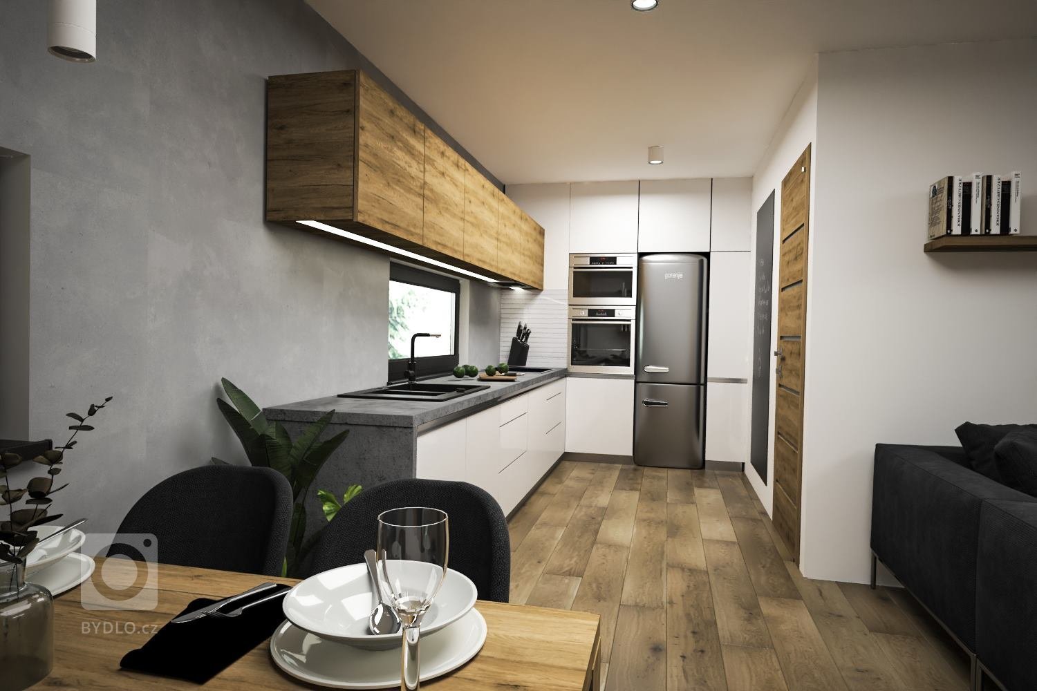 Stuedie interiéru dřevostavby v nehynoucí kombinaci - dřevodekor, beton, bílá. Pokojíčky pro mladé slečny jsou ovšem v jemnějších barevných tónech.
