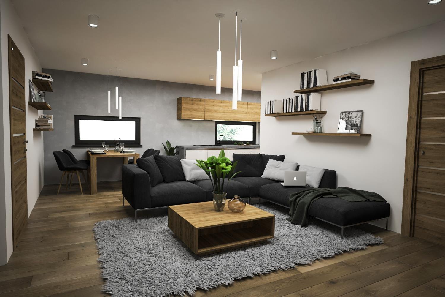 Stuedie interiéru dřevostavby v nehynoucí kombinaci - dřevodekor, beton, bílá. Pokojíčky pro mladé slečny jsou ovšem v jemnějších barevných tónech.
