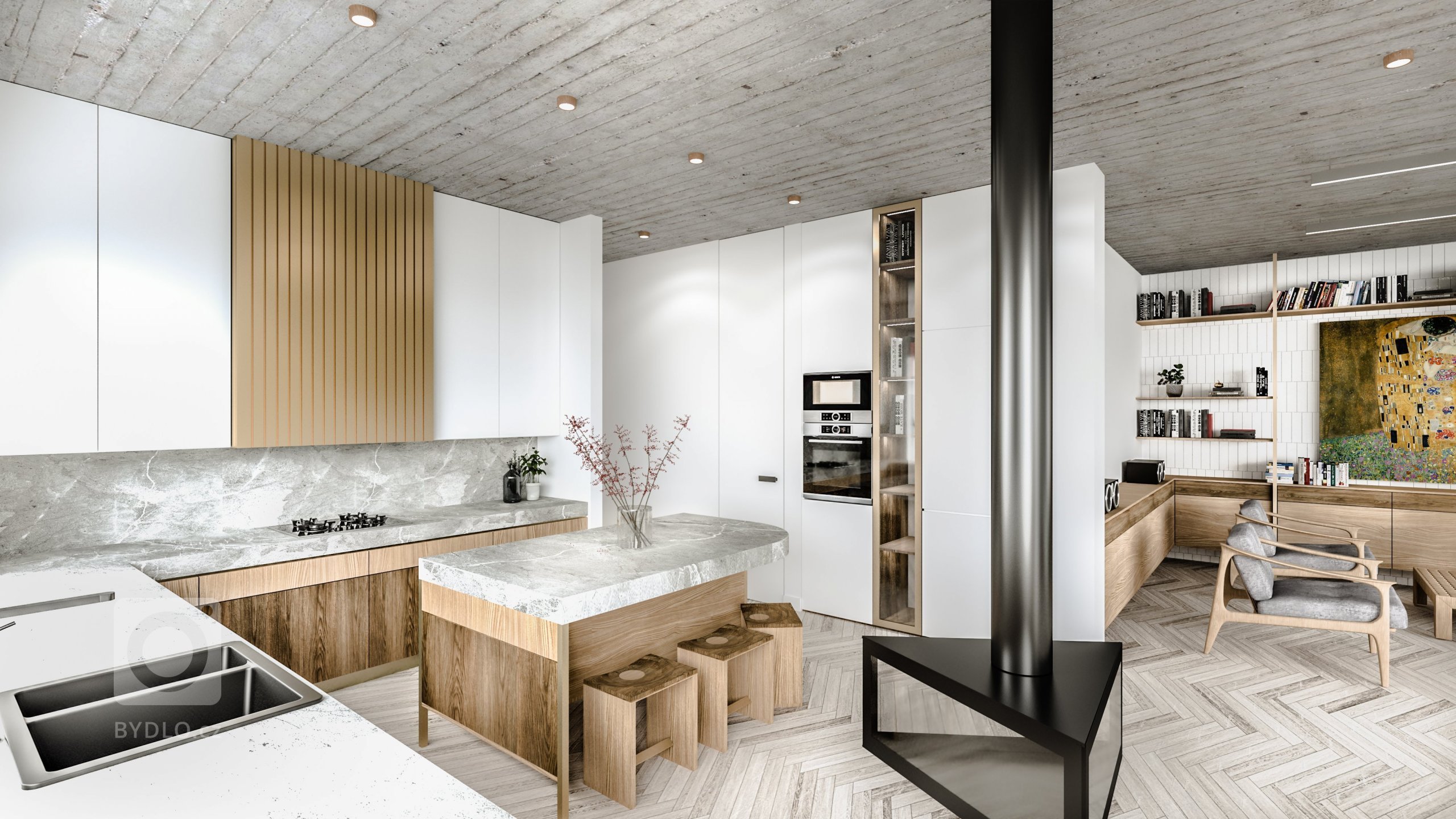 Minimalistický interiér v prírodných odtieňoch.