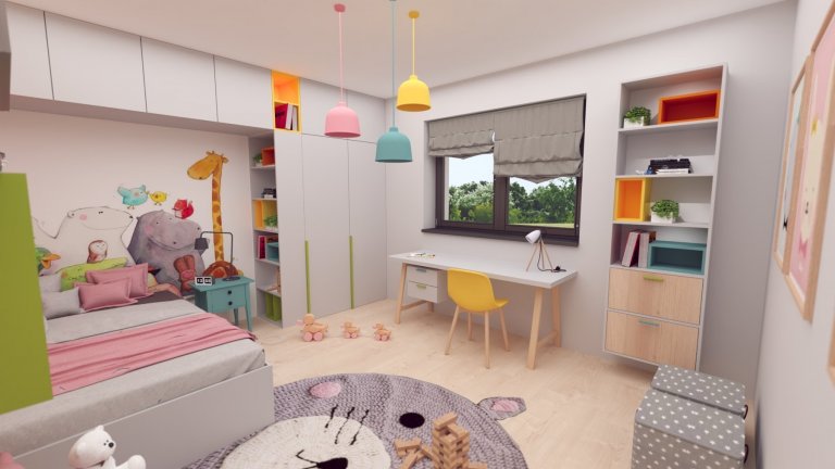 Návrh interiéru, v ktorom sme sa snažili hravým spôsobom zachytiť záujmy a potreby budúcich&nbsp; obyvateľov :-)
