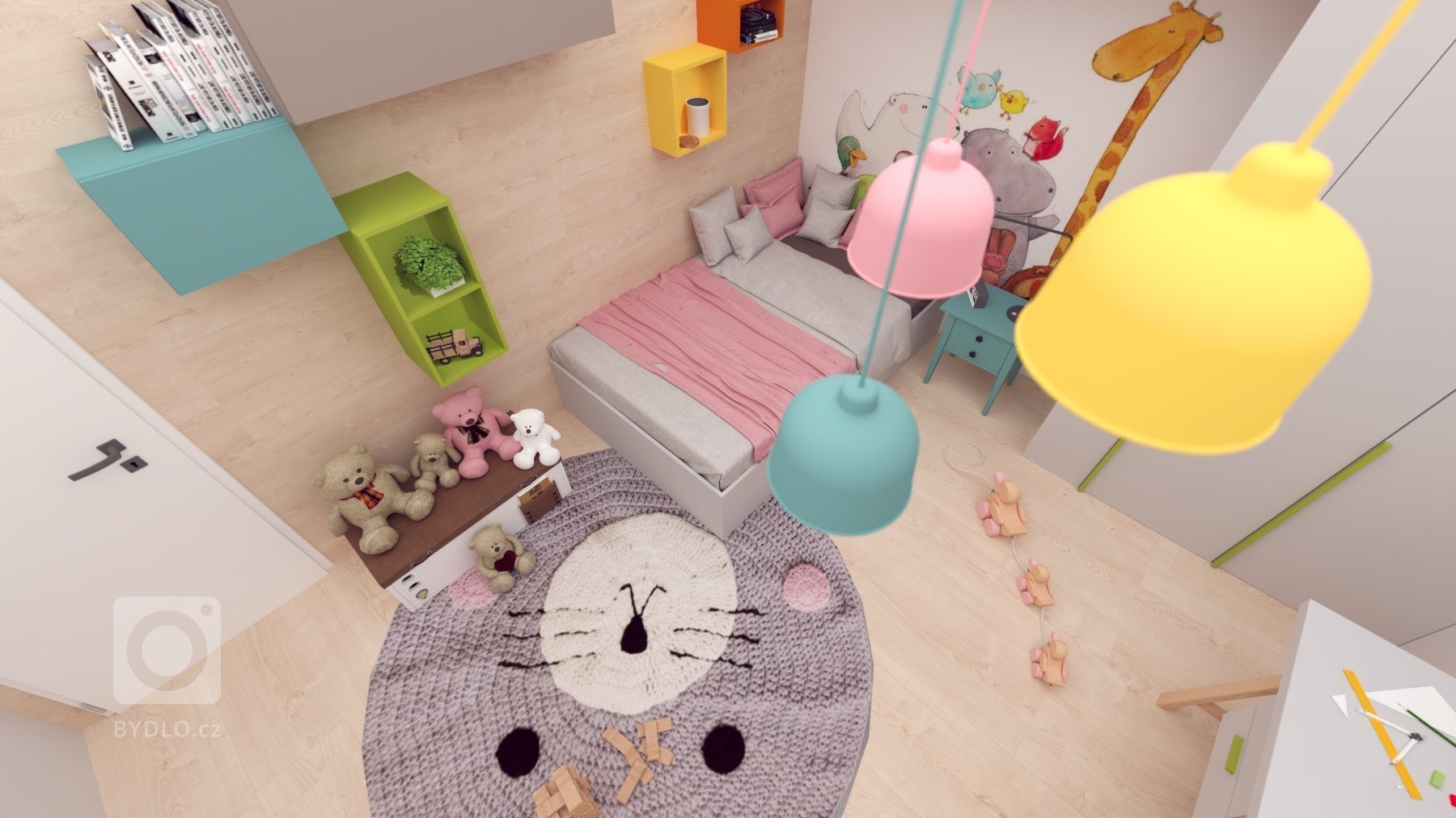 Návrh interiéru, v ktorom sme sa snažili hravým spôsobom zachytiť záujmy a potreby budúcich&nbsp; obyvateľov :-)
