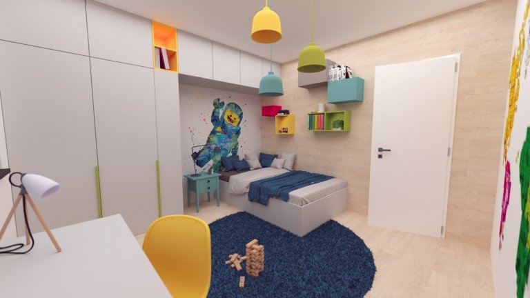 Návrh interiéru, v ktorom sme sa snažili hravým spôsobom zachytiť záujmy a potreby budúcich&nbsp; obyvateľov :-)
