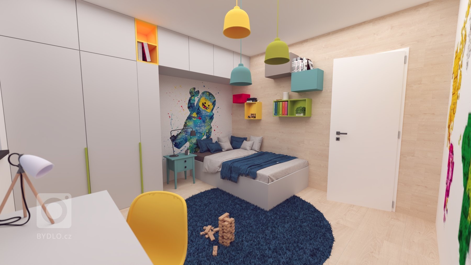 Návrh interiéru, v ktorom sme sa snažili hravým spôsobom zachytiť záujmy a potreby budúcich&nbsp; obyvateľov :-)
