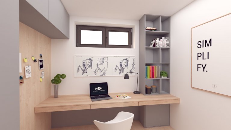 Návrh interiéru, v ktorom sme sa snažili hravým spôsobom zachytiť záujmy a potreby budúcich&nbsp; obyvateľov :-)
