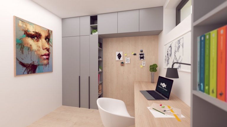 Návrh interiéru, v ktorom sme sa snažili hravým spôsobom zachytiť záujmy a potreby budúcich&nbsp; obyvateľov :-)
