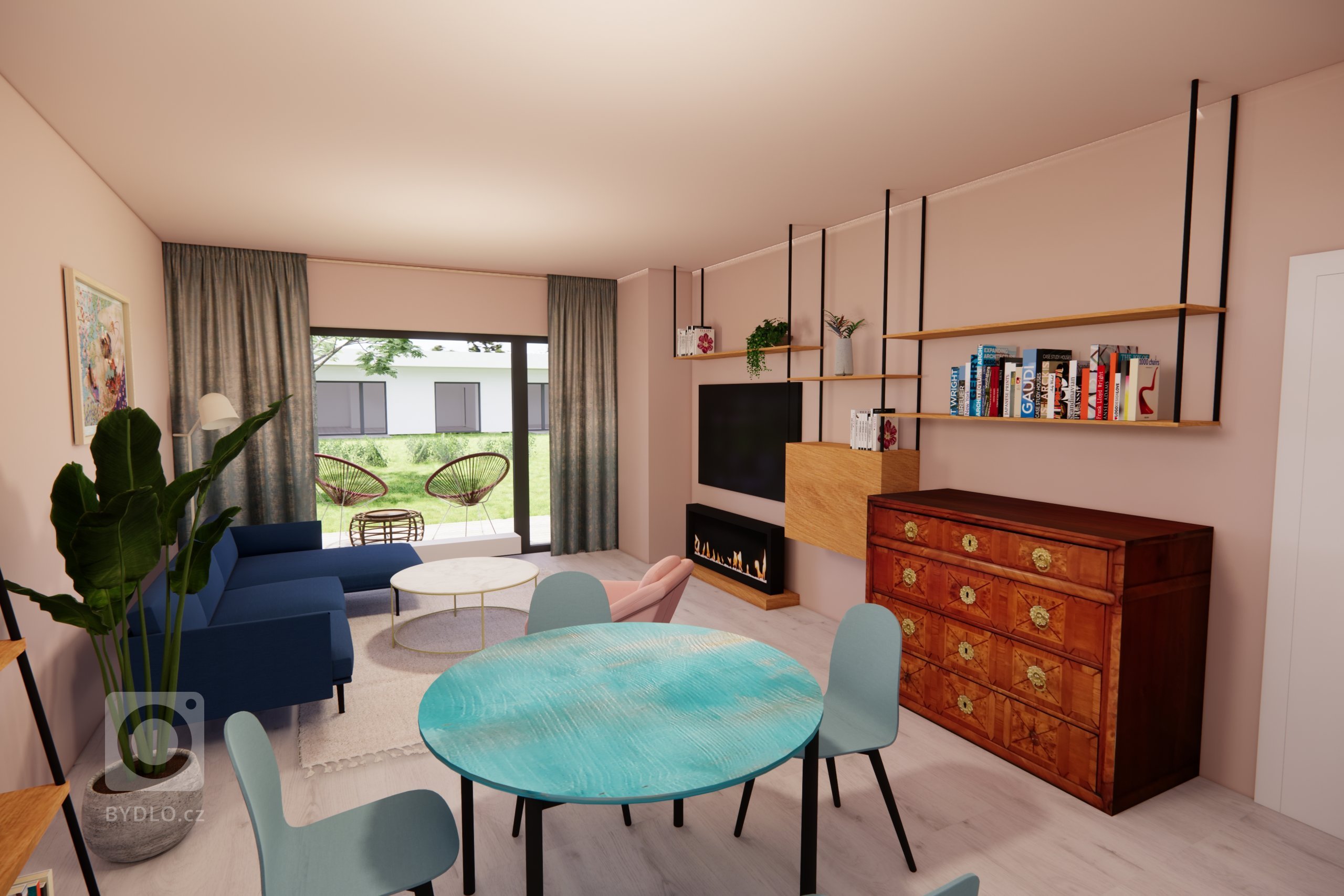 Policová stěna zakomponuje komodu (rodinné dědictví), televizi i biokrb.