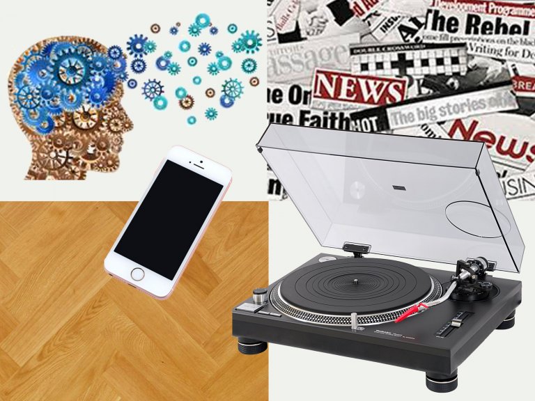 Koncepční koláž - vyjadřuje atmosféru bytu. Parkety - grafika. Média - filozofie. Retro - moderní technologie