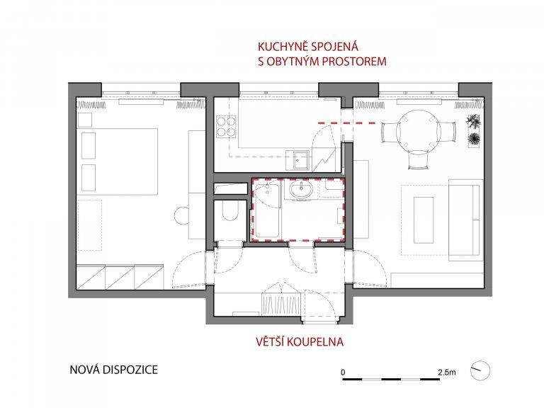 Nová dispozice se zvětšenou koupelnou a kuchyní propojenou s obytným prostorem