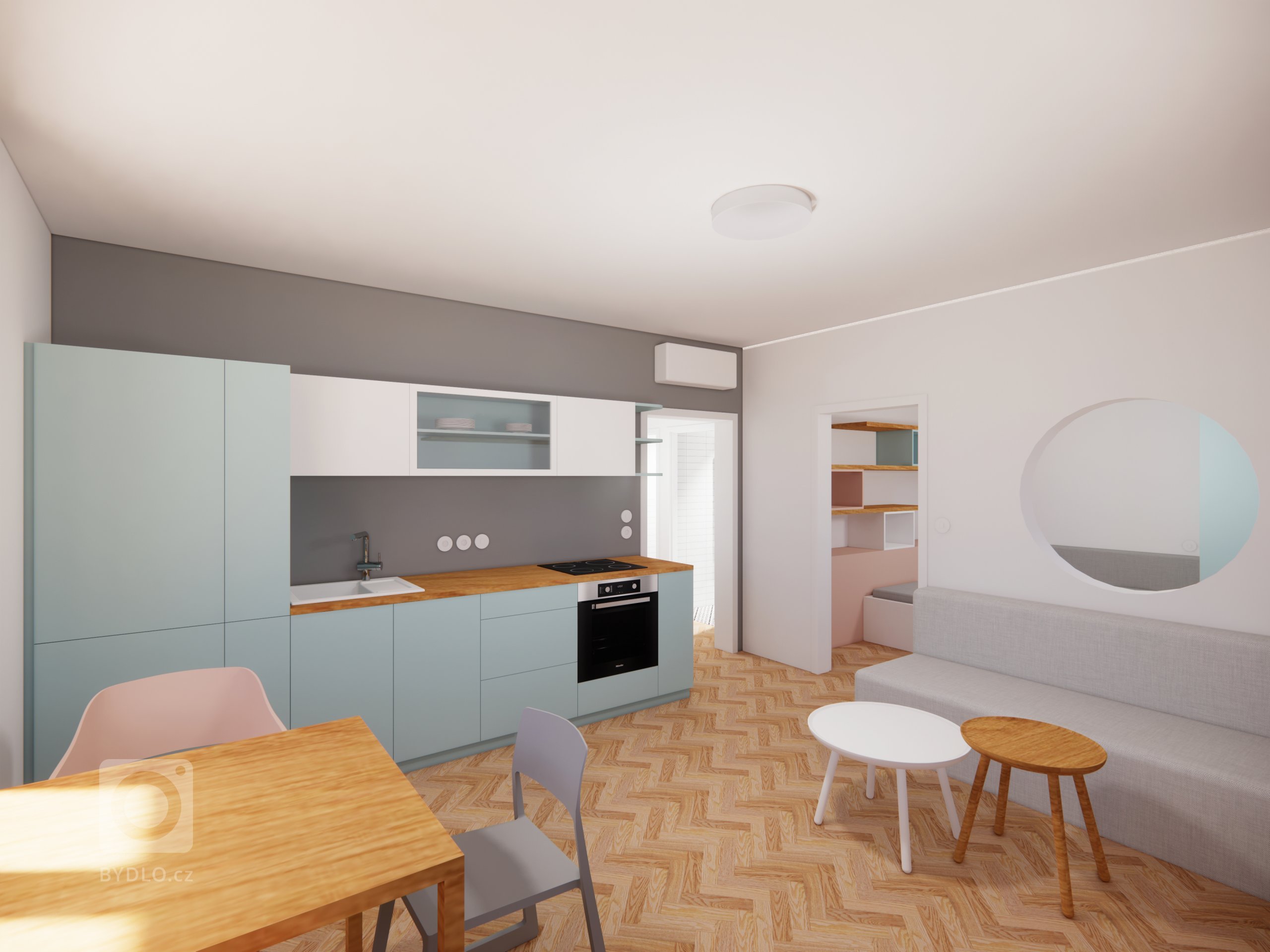 Posuvné okno v kapse stěny propojuje obývací pokoj s ložnicí a pracovním stolem