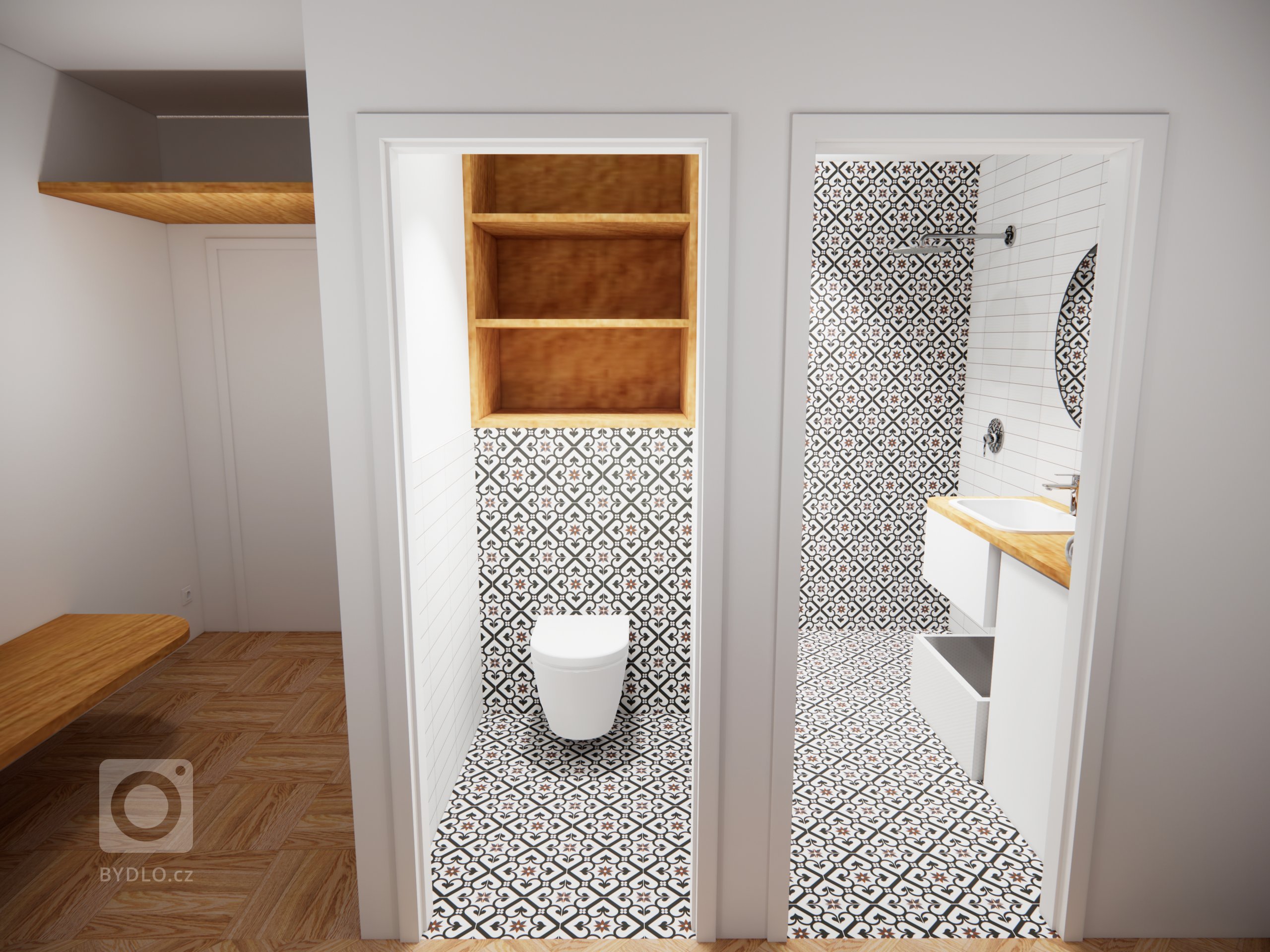 Vstupní předsíň s lavici, obklad v koupelně a na toaletě přechází z podlahy na stěnu
