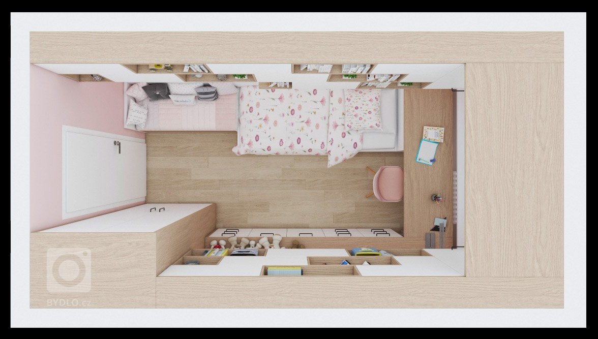 Půdorys - rozmístění dětského pokoje v malém prostoru.
