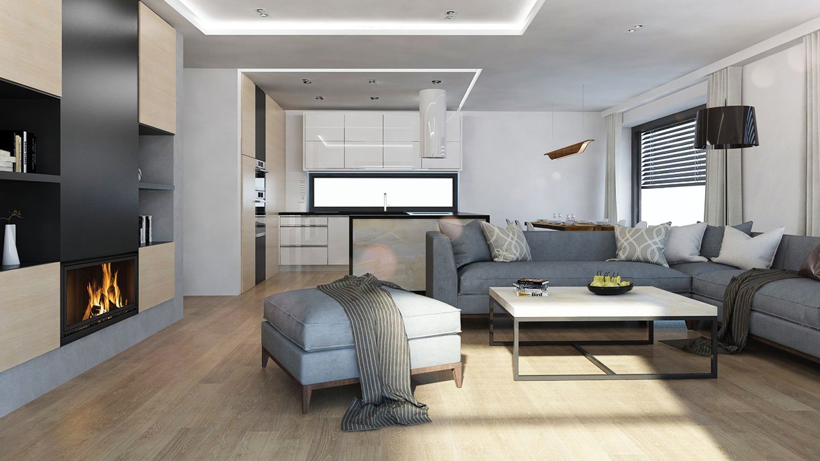 Kompletní návrh obývacího pokoje s kuchyní a&nbsp;jídelnou&nbsp;v novostavbě. Hlavním požadavkem klienta bylo&nbsp;zapracování&nbsp;onyxové stěny do interiéru.…