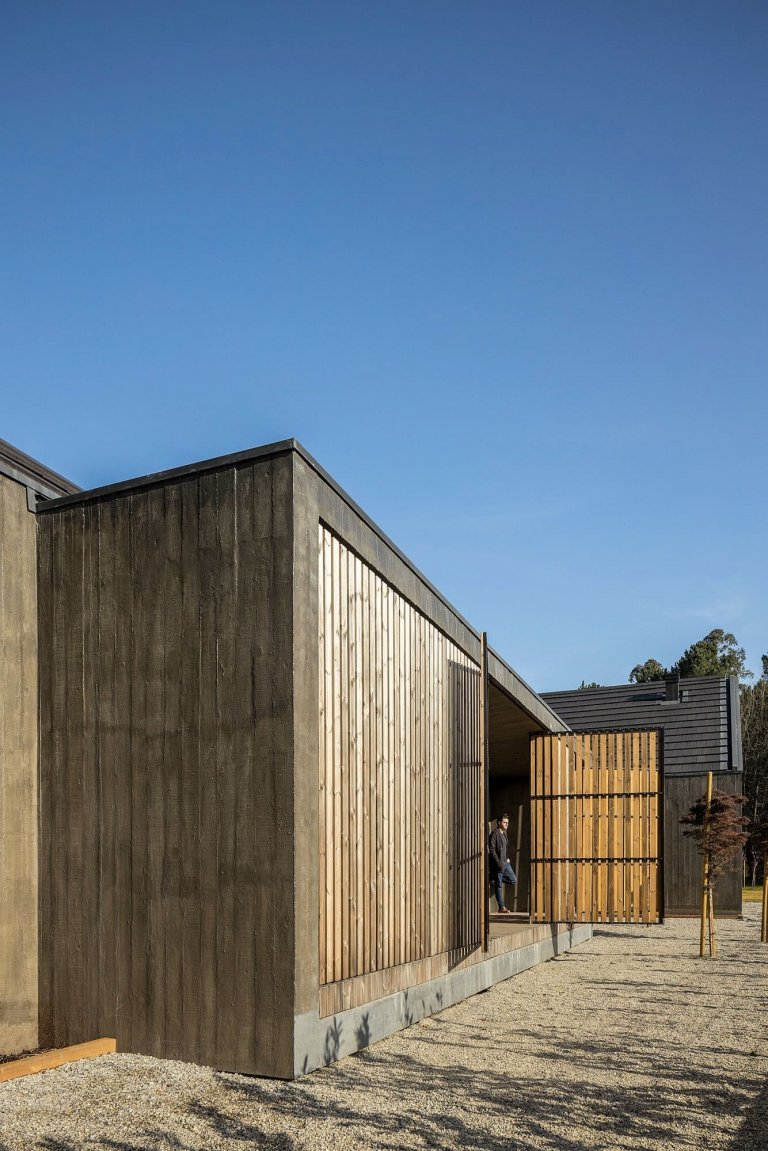 Dům s dřevěnou fasádou a geometrickými světlíky